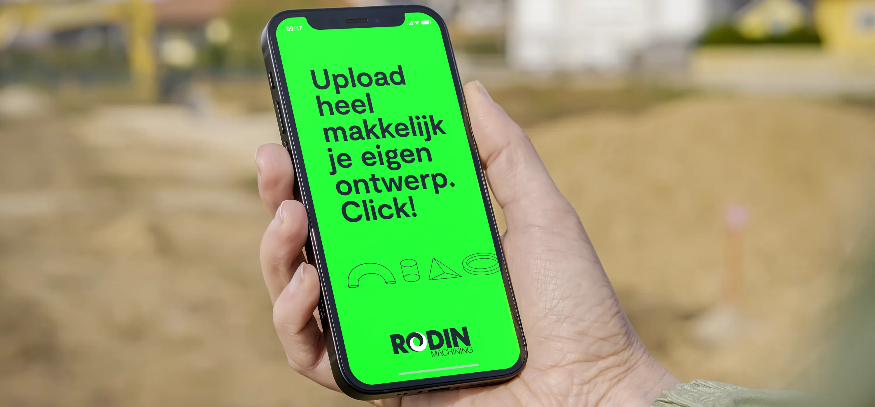 Telefoon met de tekst: Upload heel makkelijk je eigen ontwerp. Click!