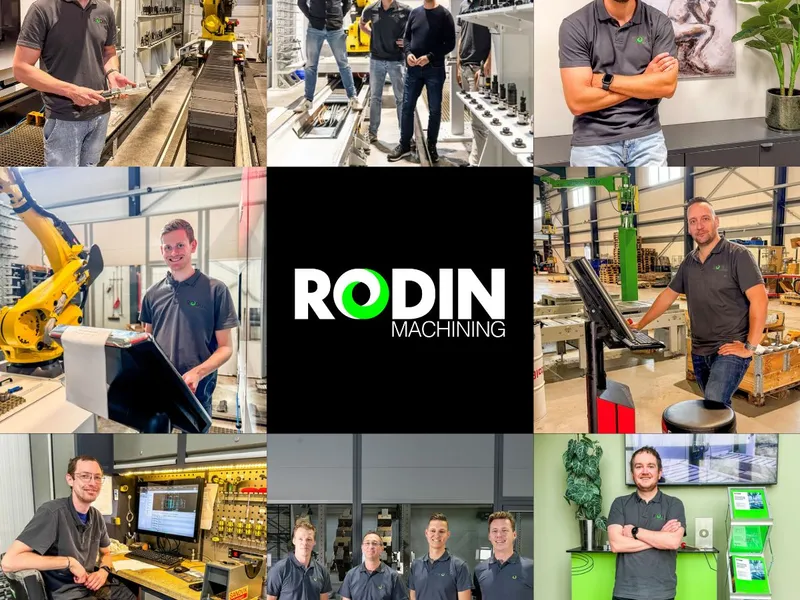 Het team van RODIN machining in RODIN-polo's, ieder bij de machines, rond het logo van RODIN machining