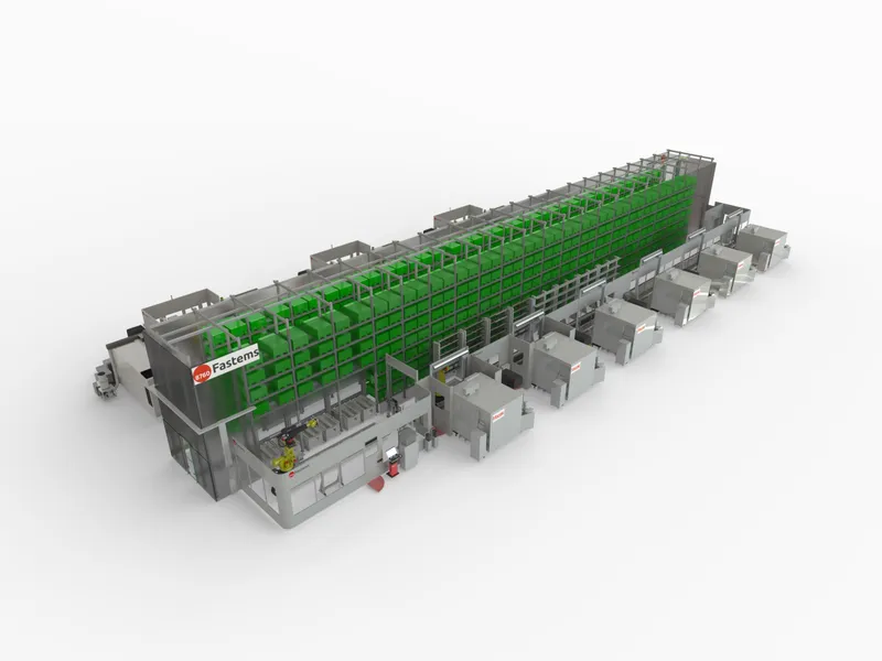 Tekening van het Agile Manufacturing System: machines langs een geautomatiseerd palletmagazijn