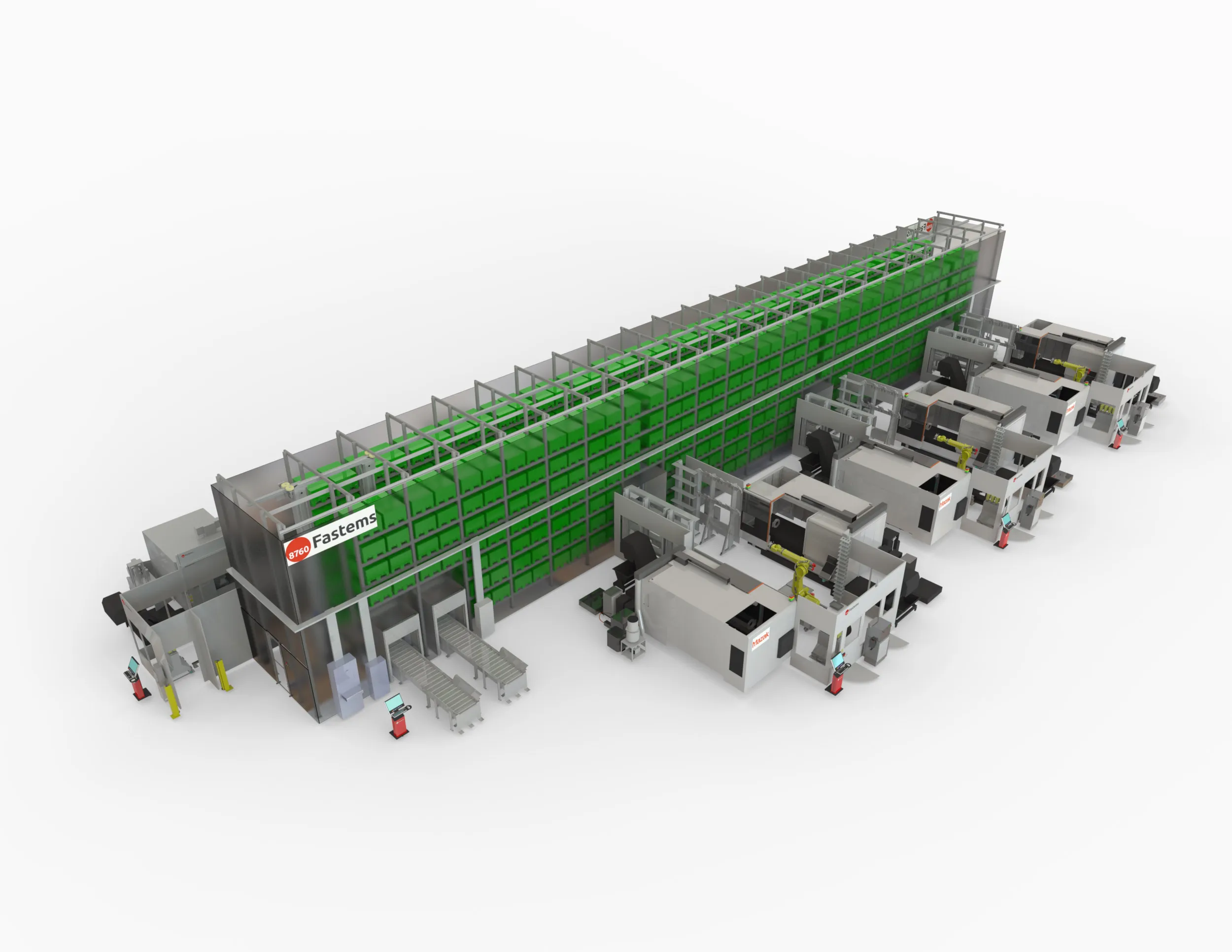 Tekening van het Agile Manufacturing System: machines langs een geautomatiseerd palletmagazijn